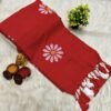 Elegant Red Khadi Cotton Saree with White Floral Print & Tassel Pallu