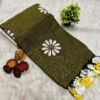 Elegant Olive Green Khadi Cotton Saree with White Floral Print & Multicolor Tassel Pallu