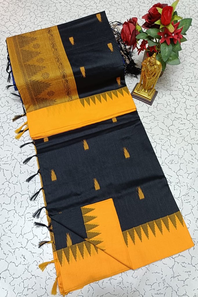 Elegant Black Kalyani Cotton Saree with Mustard Yellow Ikat Style Border