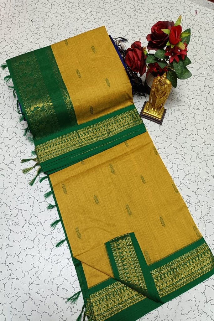 Elegant Mustard Yellow Kalyani Cotton Saree with Green Zari Border