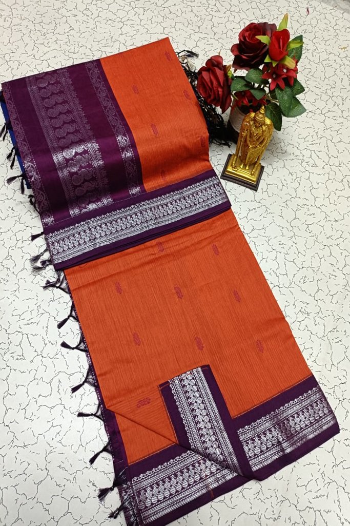 Elegant Rust Orange Kalyani Cotton Saree with Purple Zari Border