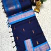Elegant Navy Blue Kalyani Cotton Saree with Sky Blue Zari Border