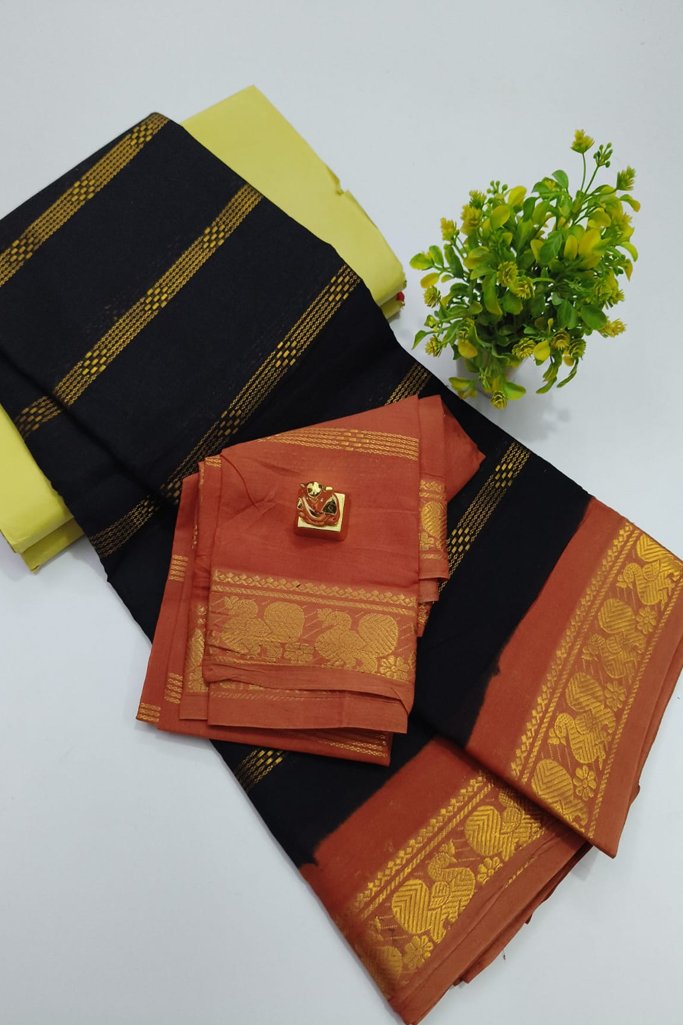 Traditional Black Veldhari Chungidi Cotton Saree with Rust Orange Zari Border